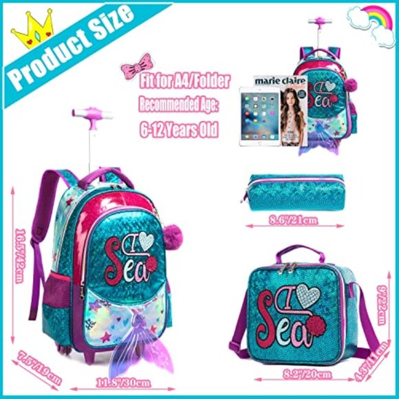 New Mermaid Rolling Backpack for Girls Backpacks with Wheels - Picture 2 of 5